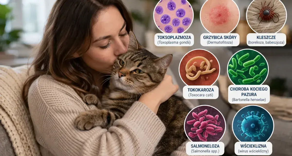 Kobieta przytula kota, a obok grafiki przedstawiające choroby odzwierzęce: toksoplazmozę, grzybicę, boreliozę, tokokarozę, chorobę kociego pazura, salmonellę i wściekliznę.