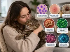 Kobieta przytula kota, a obok grafiki przedstawiające choroby odzwierzęce: toksoplazmozę, grzybicę, boreliozę, tokokarozę, chorobę kociego pazura, salmonellę i wściekliznę.