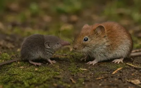 Dwie małe myszy, jedna szara z długim nosem, druga ruda, patrzą na siebie z bliska.