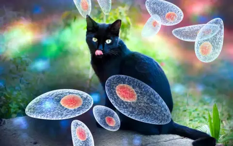 Czarny kot otoczony przez pasożyty Toxoplasma gondii. Obraz ilustruje toksoplazmozę u kota.