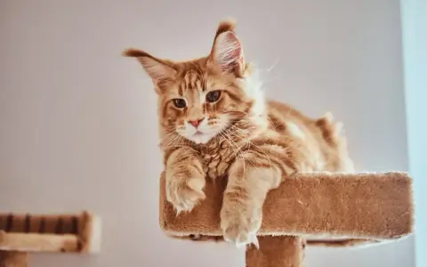 Rudy kot Maine Coon, o imieniu Leo, leży na drapaku, z przymrużonymi oczami.