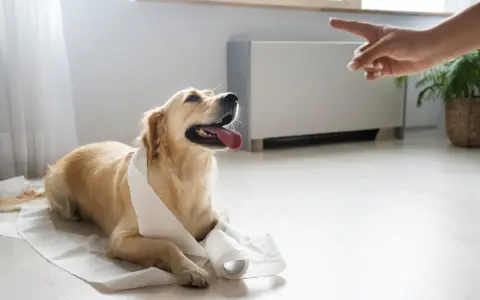 Złoty retriever leży na podkładzie, a ręka wskazuje palcem. To scena z życia, jak oduczyć psa sikania w domu.