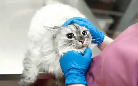 Wetłusta sierść kota z łupieżem, badana przez weterynarza w niebieskich rękawiczkach.