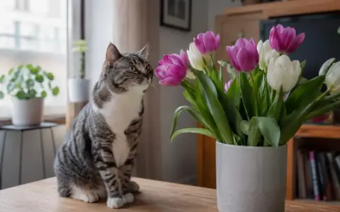 Kot wpatruje się w bukiet tulipanów. Czy tulipany są trujące dla kota? Warto wiedzieć, że tak, są toksyczne dla kotów.