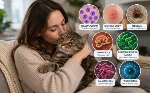 Kobieta przytula kota, a obok grafiki przedstawiające choroby odzwierzęce: toksoplazmozę, grzybicę, boreliozę, tokokarozę, chorobę kociego pazura, salmonellę i wściekliznę.