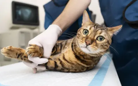 Kot bengalski z zielonymi oczami leży na stole, weterynarz w rękawiczce delikatnie trzyma jego łapkę. To moment czipowania kota, zapewniający mu bezpieczeństwo.