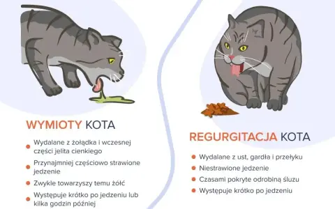 Ilustracja pokazuje dwa koty: jeden wymiotuje, drugi regurgituje. Objawy umierającego kota mogą być podobne, ale te ilustracje pokazują różnice między wymiotami a regurgitacją.