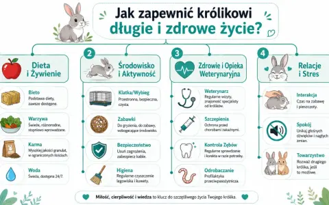 Ilustracja pokazuje, jak zapewnić królikowi długie i zdrowe życie. Kluczowe są: dieta, środowisko, zdrowie i relacje.