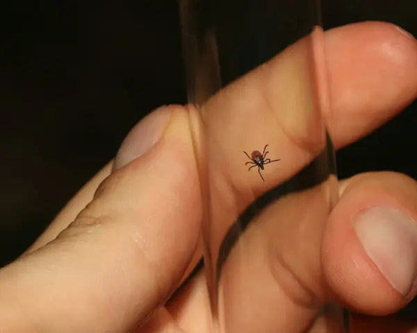 Mały pająk podobny do kleszcza, z ośmioma odnóżami, siedzi na szklanej probówce, blisko ludzkiego palca.