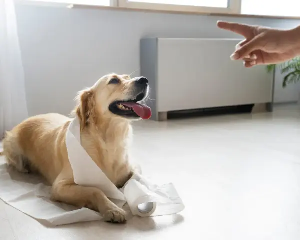 Złoty retriever leży na podkładzie, a ręka wskazuje palcem. To scena z życia, jak oduczyć psa sikania w domu.