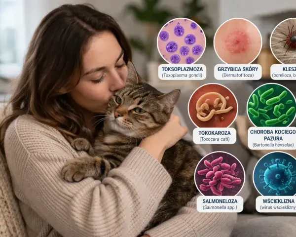 Kobieta przytula kota, a obok grafiki przedstawiające choroby odzwierzęce: toksoplazmozę, grzybicę, boreliozę, tokokarozę, chorobę kociego pazura, salmonellę i wściekliznę.