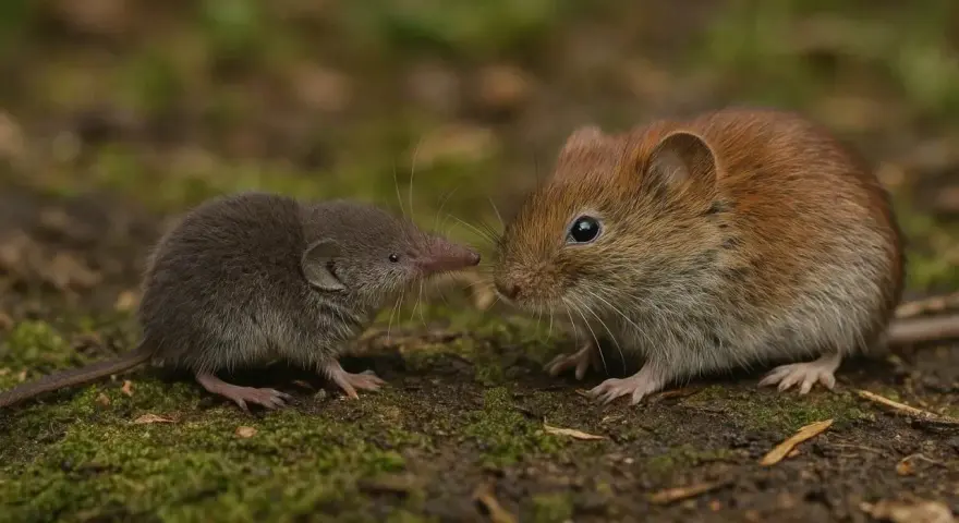 Dwie małe myszy, jedna szara z długim nosem, druga ruda, patrzą na siebie z bliska.