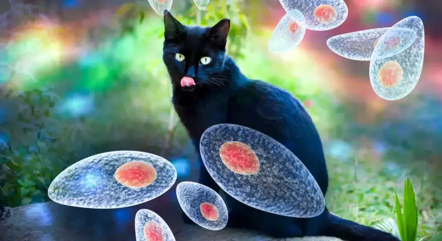 Czarny kot otoczony przez pasożyty Toxoplasma gondii. Obraz ilustruje toksoplazmozę u kota.