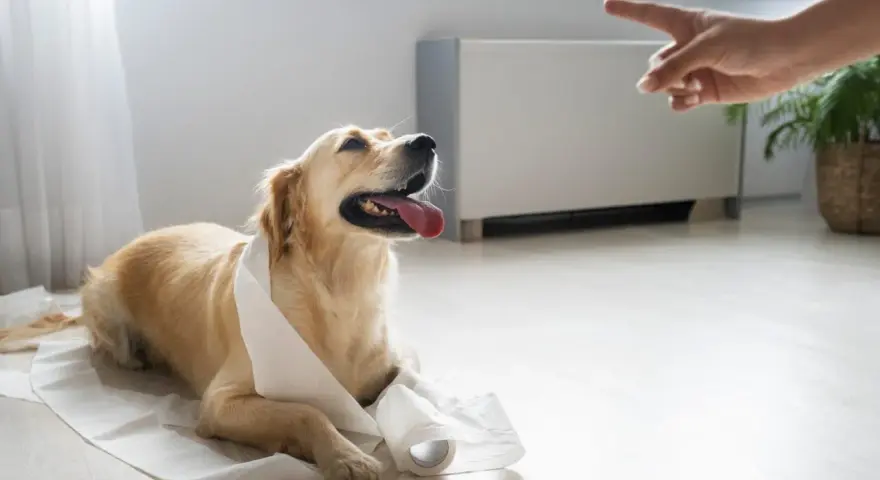 Złoty retriever leży na podkładzie, a ręka wskazuje palcem. To scena z życia, jak oduczyć psa sikania w domu.