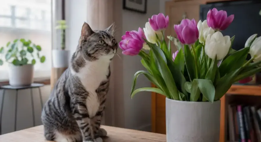 Kot wpatruje się w bukiet tulipanów. Czy tulipany są trujące dla kota? Warto wiedzieć, że tak, są toksyczne dla kotów.
