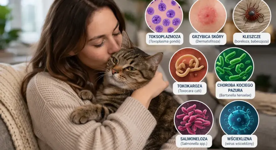 Kobieta przytula kota, a obok grafiki przedstawiające choroby odzwierzęce: toksoplazmozę, grzybicę, boreliozę, tokokarozę, chorobę kociego pazura, salmonellę i wściekliznę.