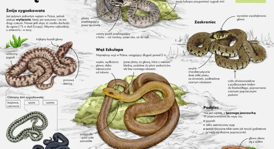 Żmija zygzakowata jest jadowita, ale rzadko atakuje. Zaskroniec nie jest jadowity.