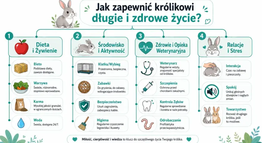 Ilustracja pokazuje, jak zapewnić królikowi długie i zdrowe życie. Kluczowe są: dieta, środowisko, zdrowie i relacje.