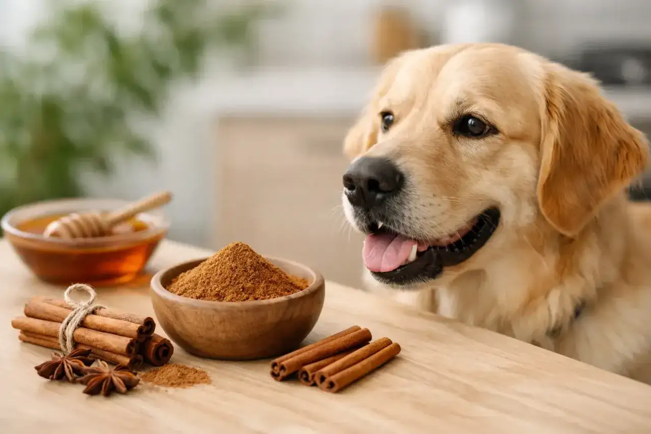 Złoty retriever ciekawie patrzy na cynamon i miód. Czy pies może jeść cynamon?