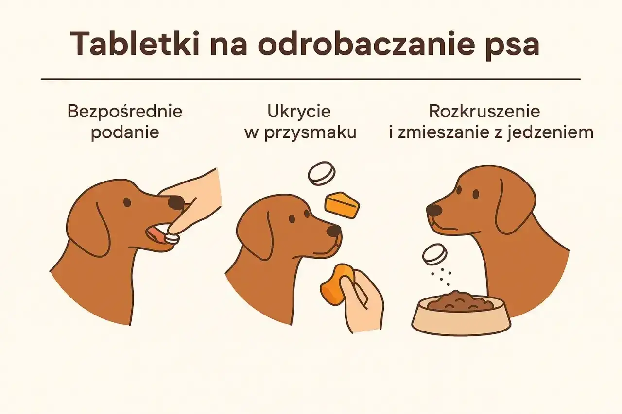 Jak często odrobaczać psa? Trzy sposoby podania tabletki: bezpośrednio, w przysmaku lub rozkruszonej w jedzeniu.
