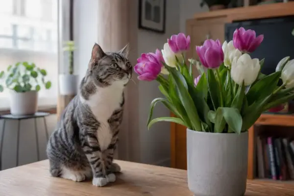 Kot wpatruje się w bukiet tulipanów. Czy tulipany są trujące dla kota? Warto wiedzieć, że tak, są toksyczne dla kotów.